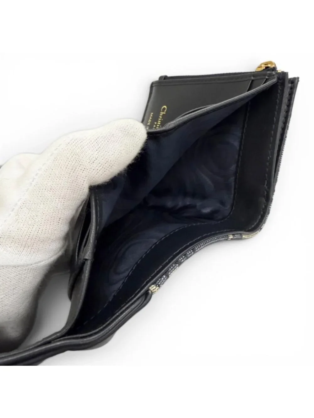 Dior Saddle Lotus Wallet Oblique Jacquard Leather Trifold Navy